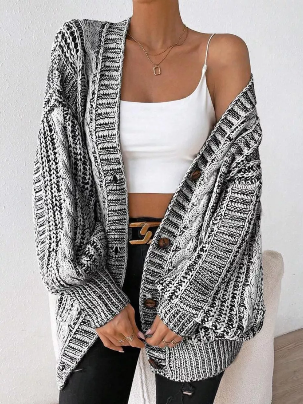 Chunky Cable Knit Button-Down Cardigan, image 3