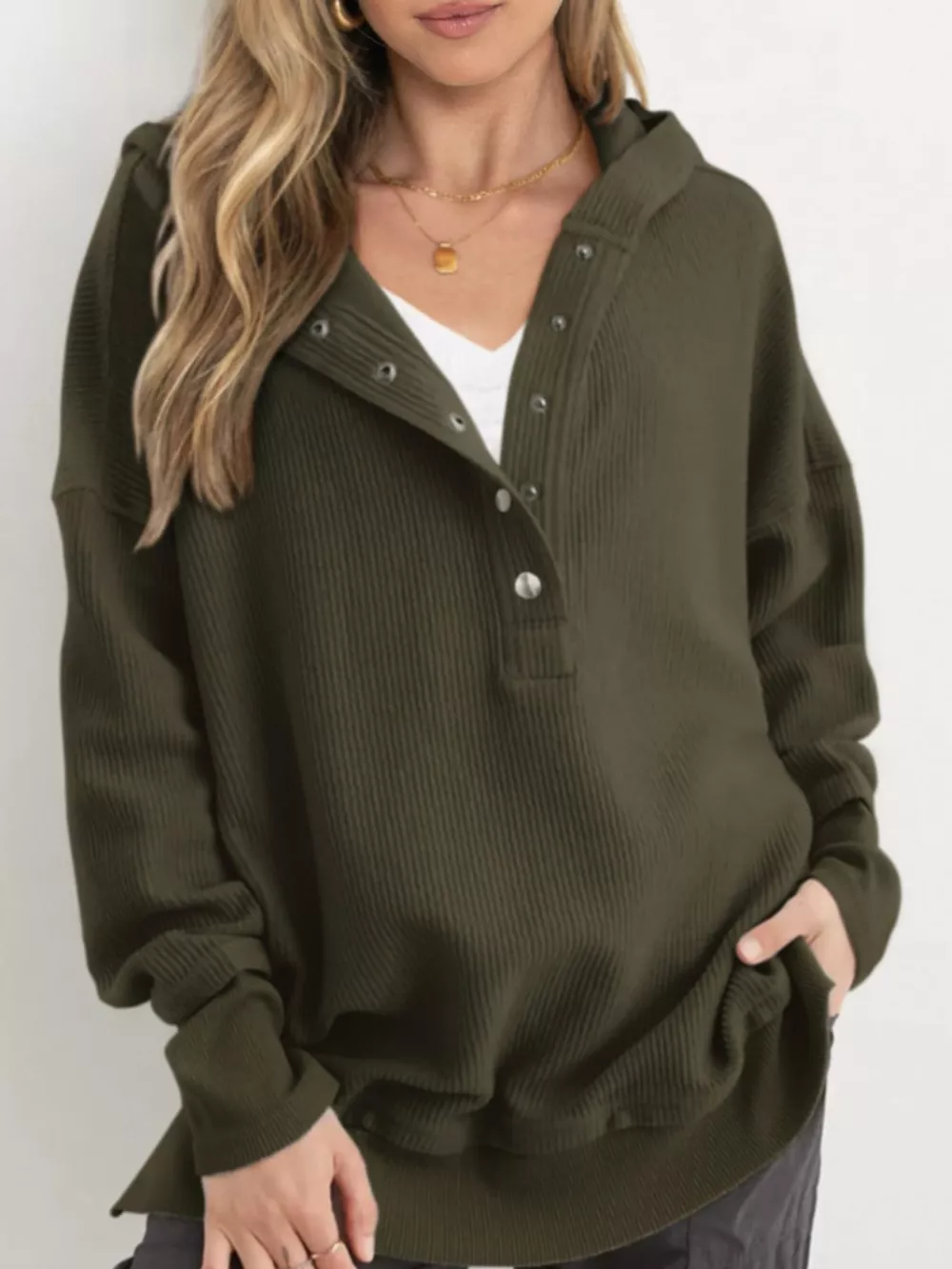 Full Size Snap Button Placket Dropped Shoulder Hoodie Plus Size, image 39