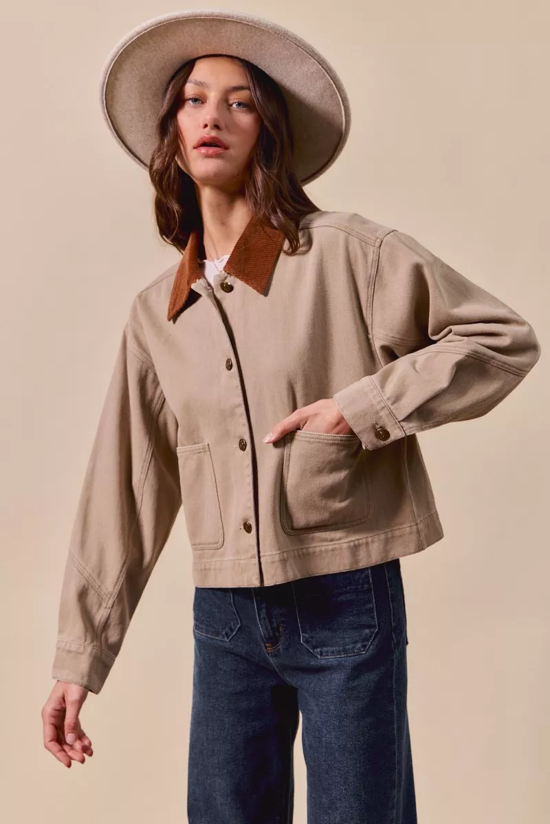 Cotton Twill Cropped Barn Jacket wtih Collar, image 5