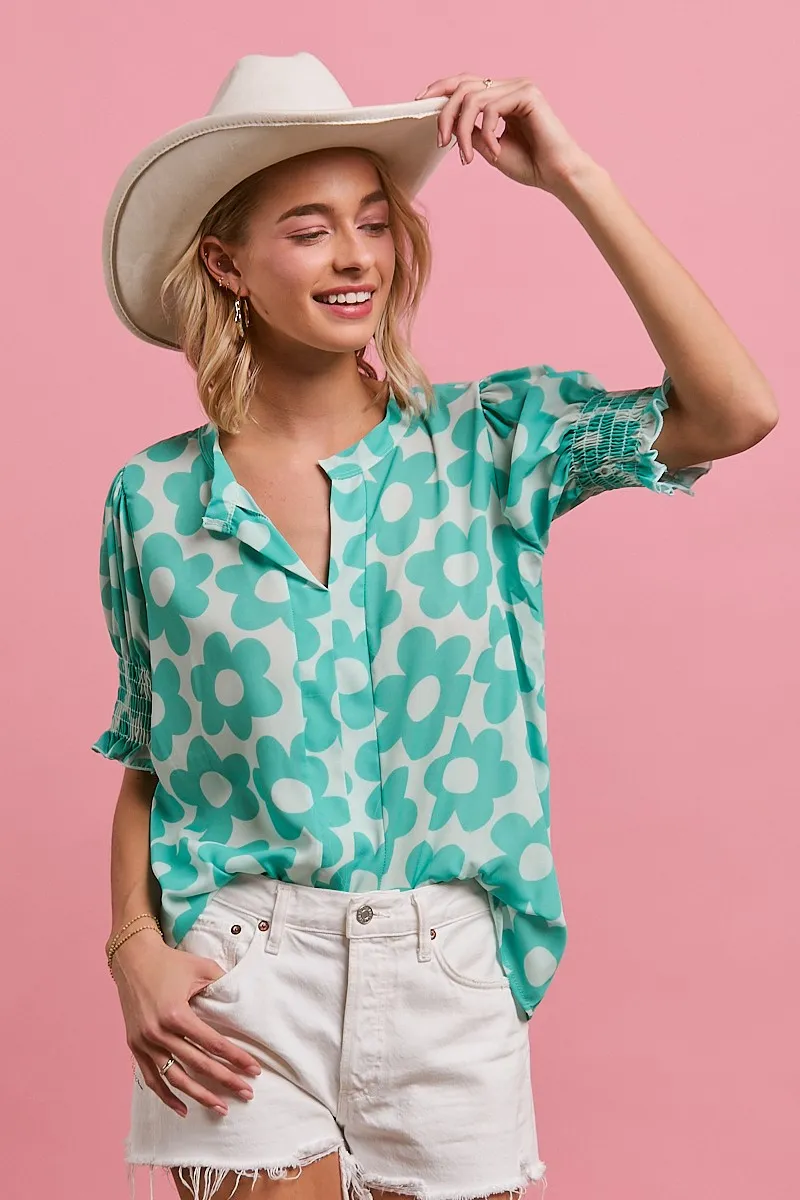 Flower Printed Woven Smocking Sleeves V Neck Top