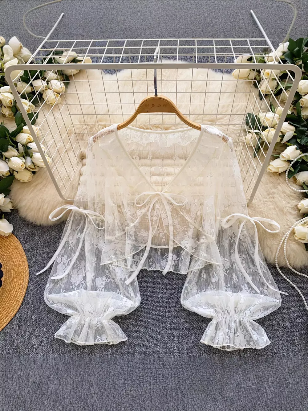 Sheer Lace Tie Front Flounce Sleeve Top, image 3