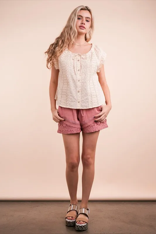 Lace Contrast Detail Woven Shorts, image 4