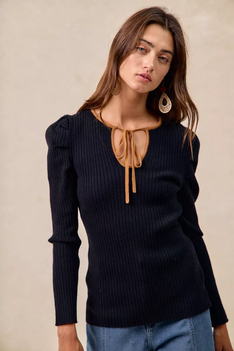 Ribbed Contrast Front Tied Top with Shrried, image 11