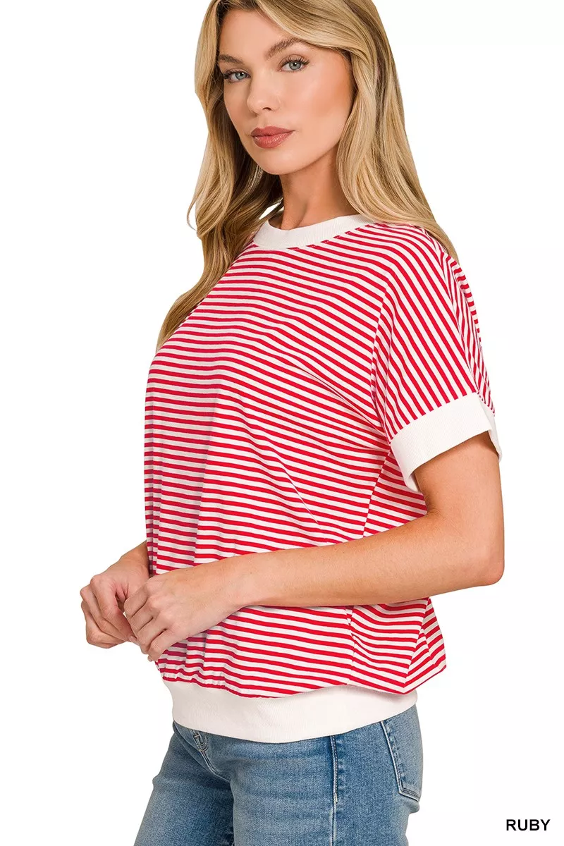Stripe Contrast Trim Banded Bottom Top, image 3