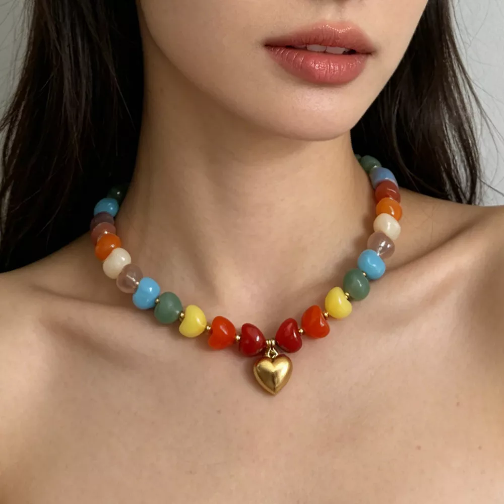Colorful Heart Pendant Beaded Collarbone Necklace