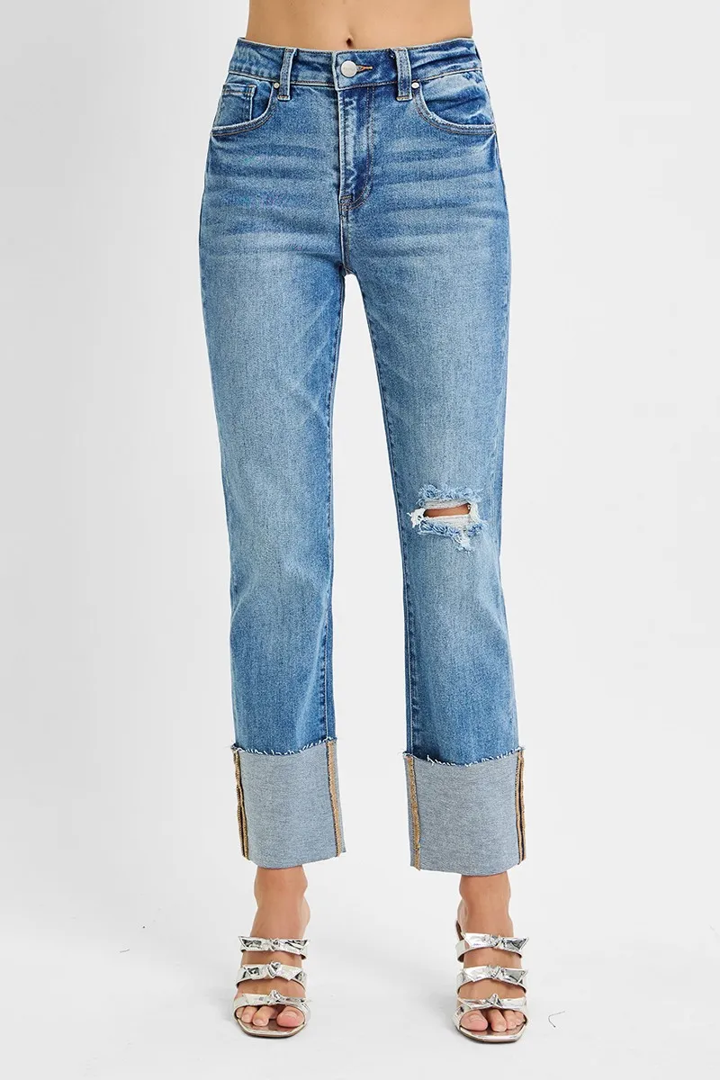 Full Size High Rise Ankle Straight Wide Cuffed Jeans Plus Size, image 4