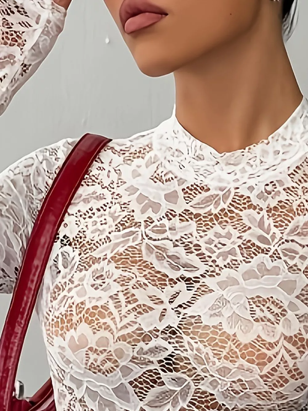 Elegant Floral Lace Mock Neck Long Sleeve Bodysuit, image 6