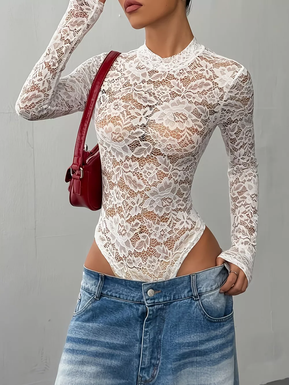 Elegant Floral Lace Mock Neck Long Sleeve Bodysuit