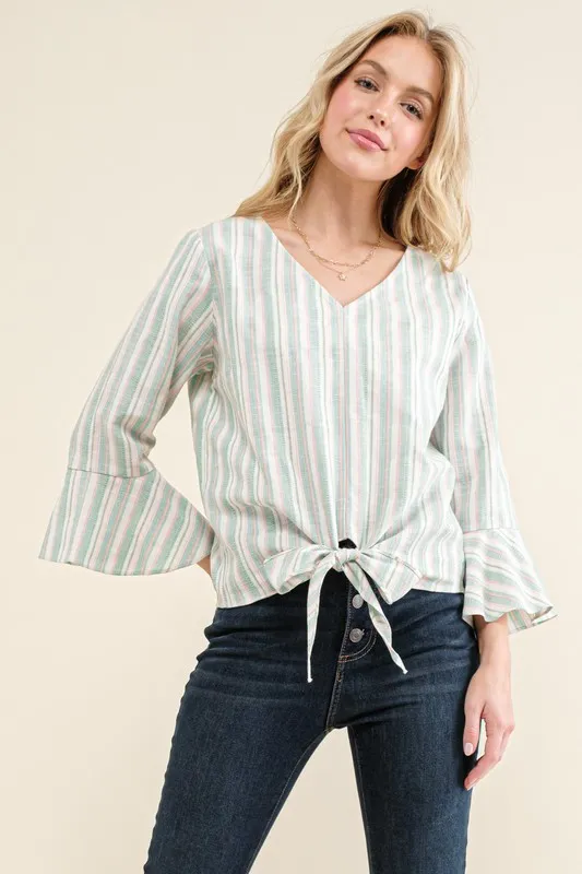 Stripe Tie Knot Front Bell Sleeve Top, image 5
