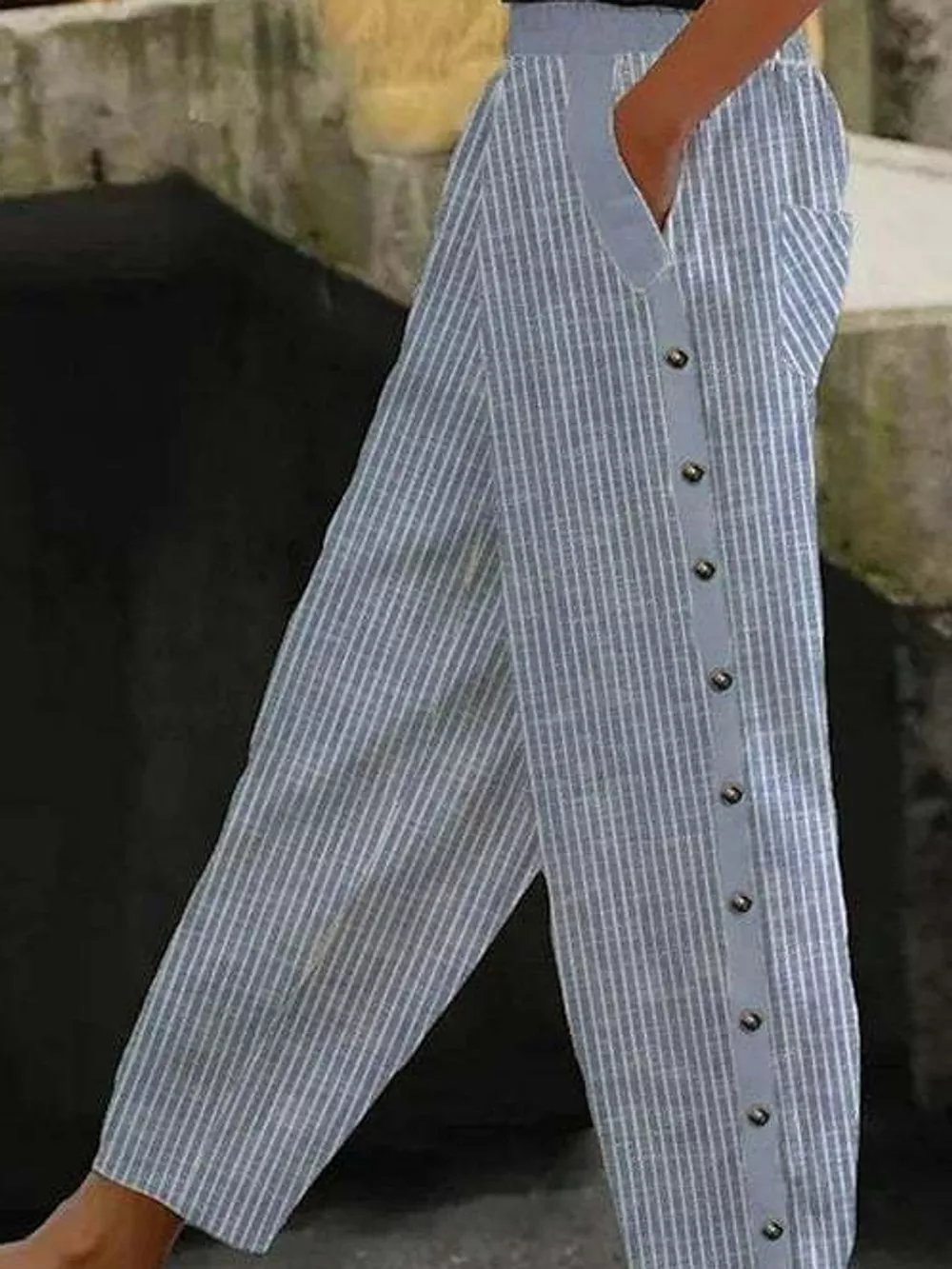 Striped Casual Pants with Side Button Detail