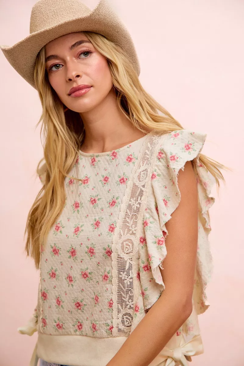 BiBi Flower Printed Ruffle Sleeve Trim Detail Top, image 39