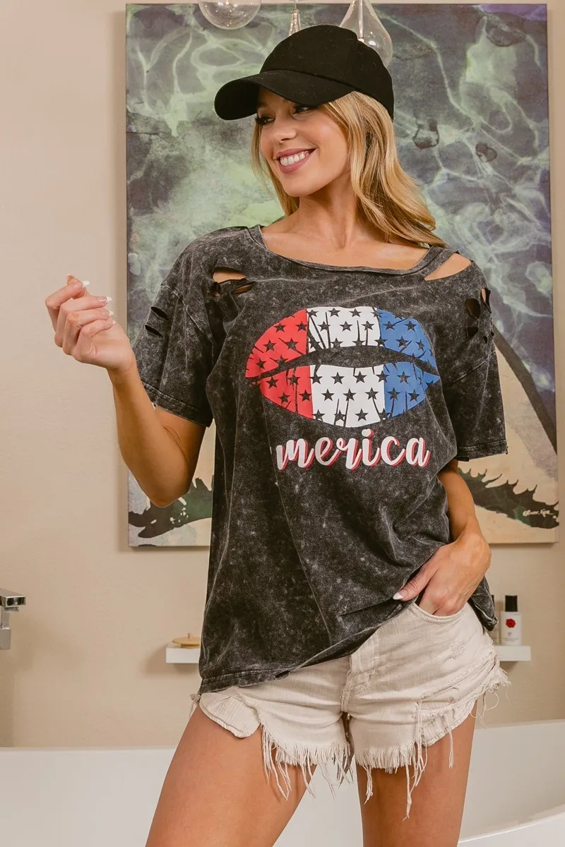 Laser Cut Mineral Washed Old Glory Lip Print Top, image 5