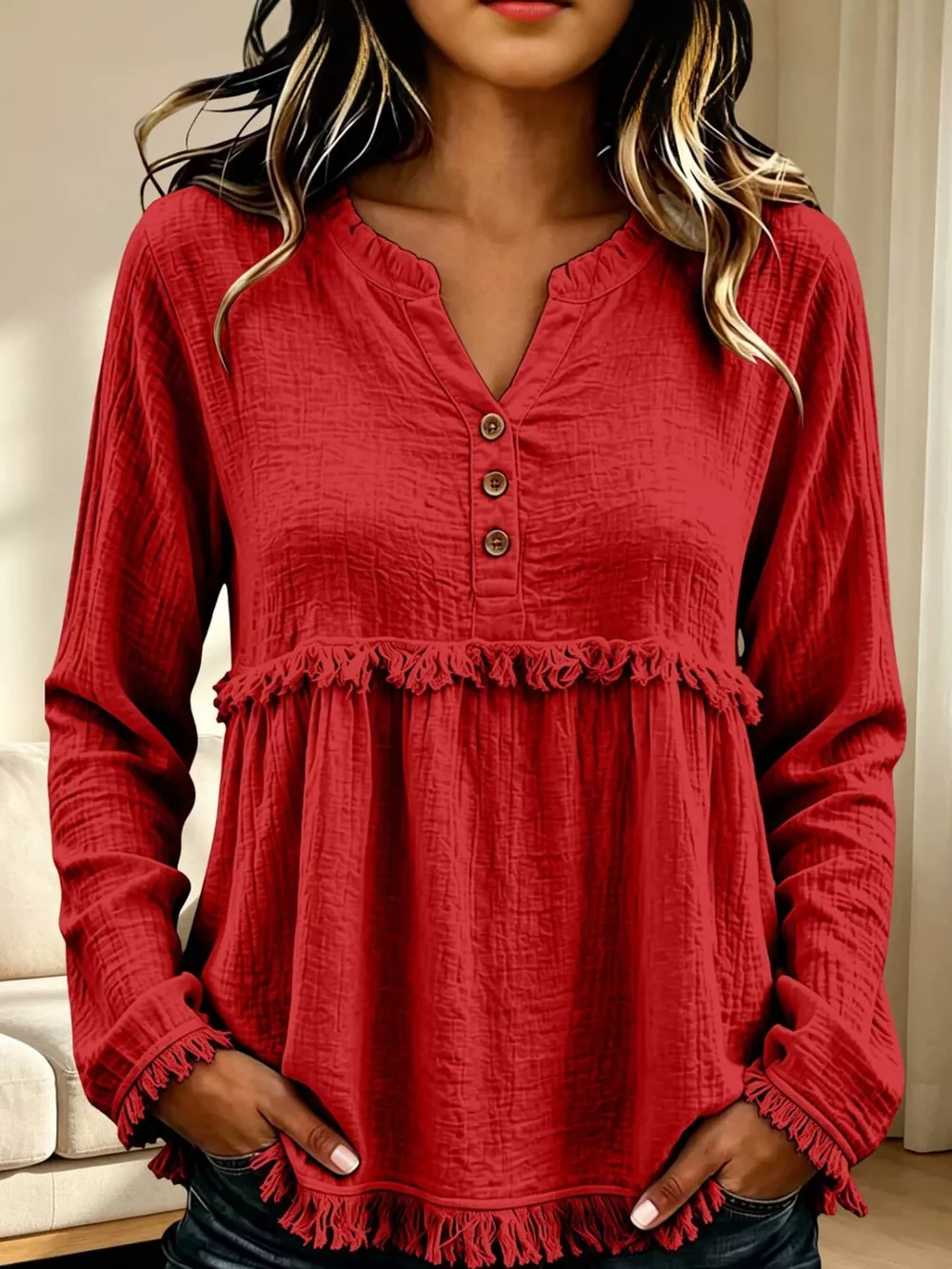 Full Size Frayed Hem Button Detail Blouse Plus Size, image 31