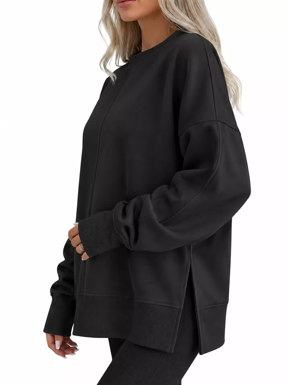 Oversized Crew Neck Sweatshirt with Side Slit, image 8