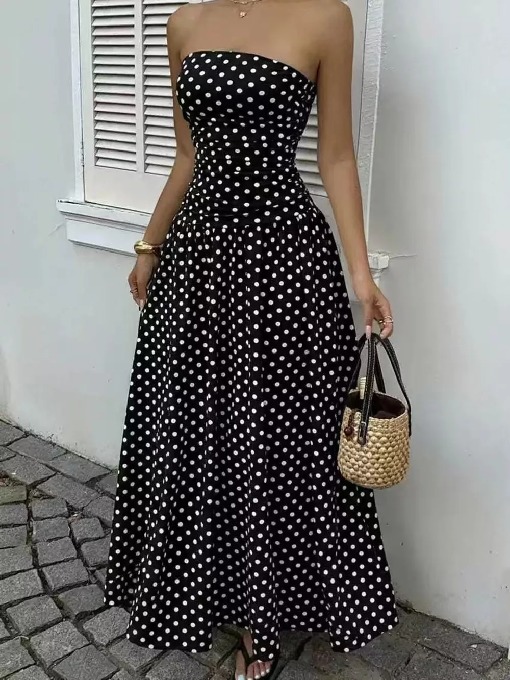 Strapless Polka Dot Ruched Maxi Dress, image 8
