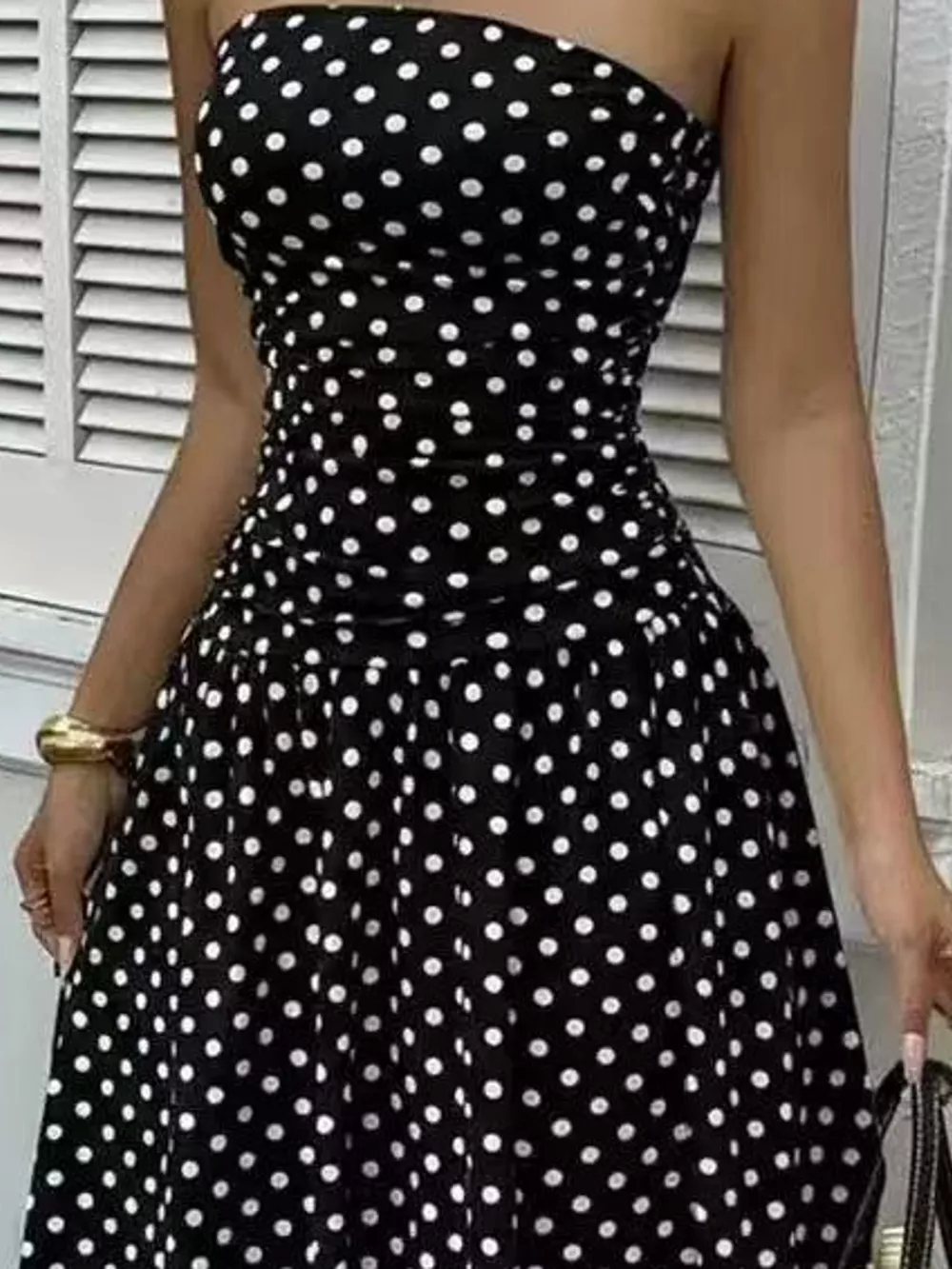 Strapless Polka Dot Ruched Maxi Dress, image 12
