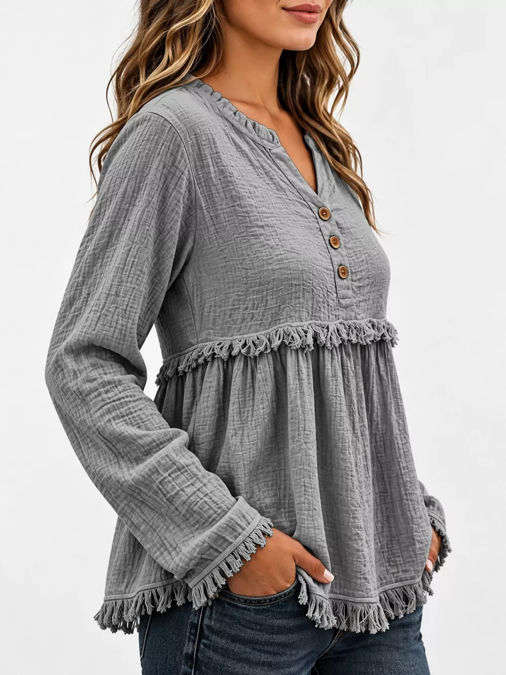Full Size Frayed Hem Button Detail Blouse Plus Size, image 17