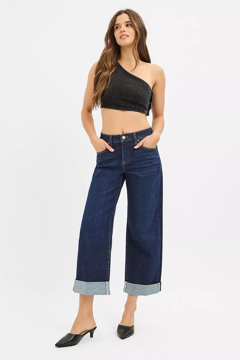Mid Rise Fit Ankle Wide Roll Up Jeans, image 6