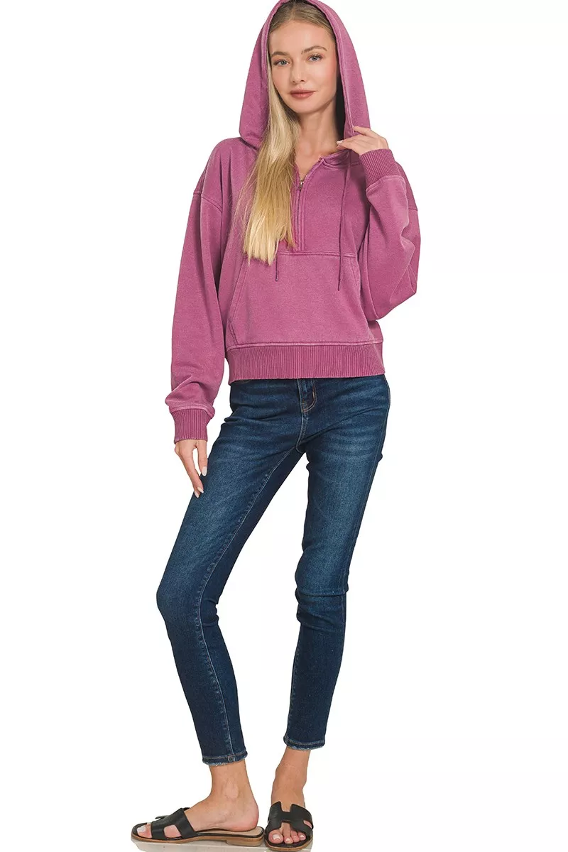 Fleece Pigment Dye Half Zip Kangaroo Pocket Hoodie, image 5