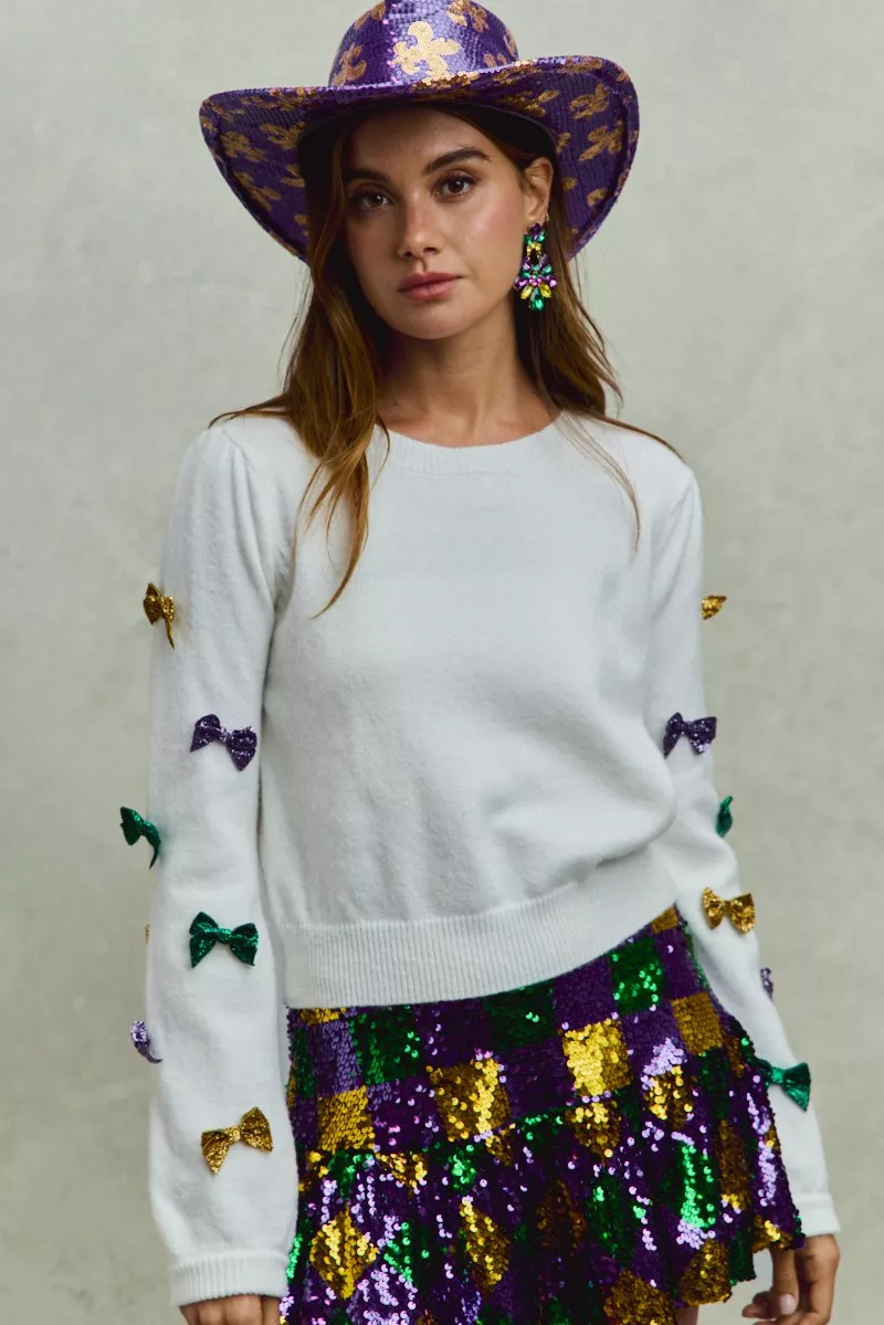 Mardi Gras Glitter Bow Ribbon Sweater Knit Top, image 2