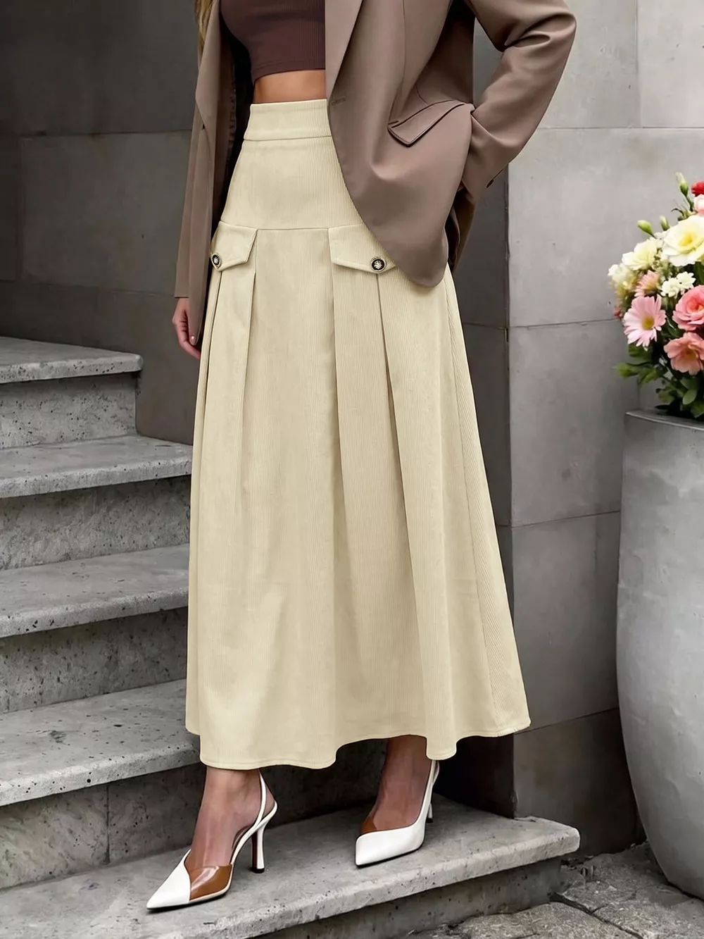 High Waist Pleated Midi Skirt, image 4