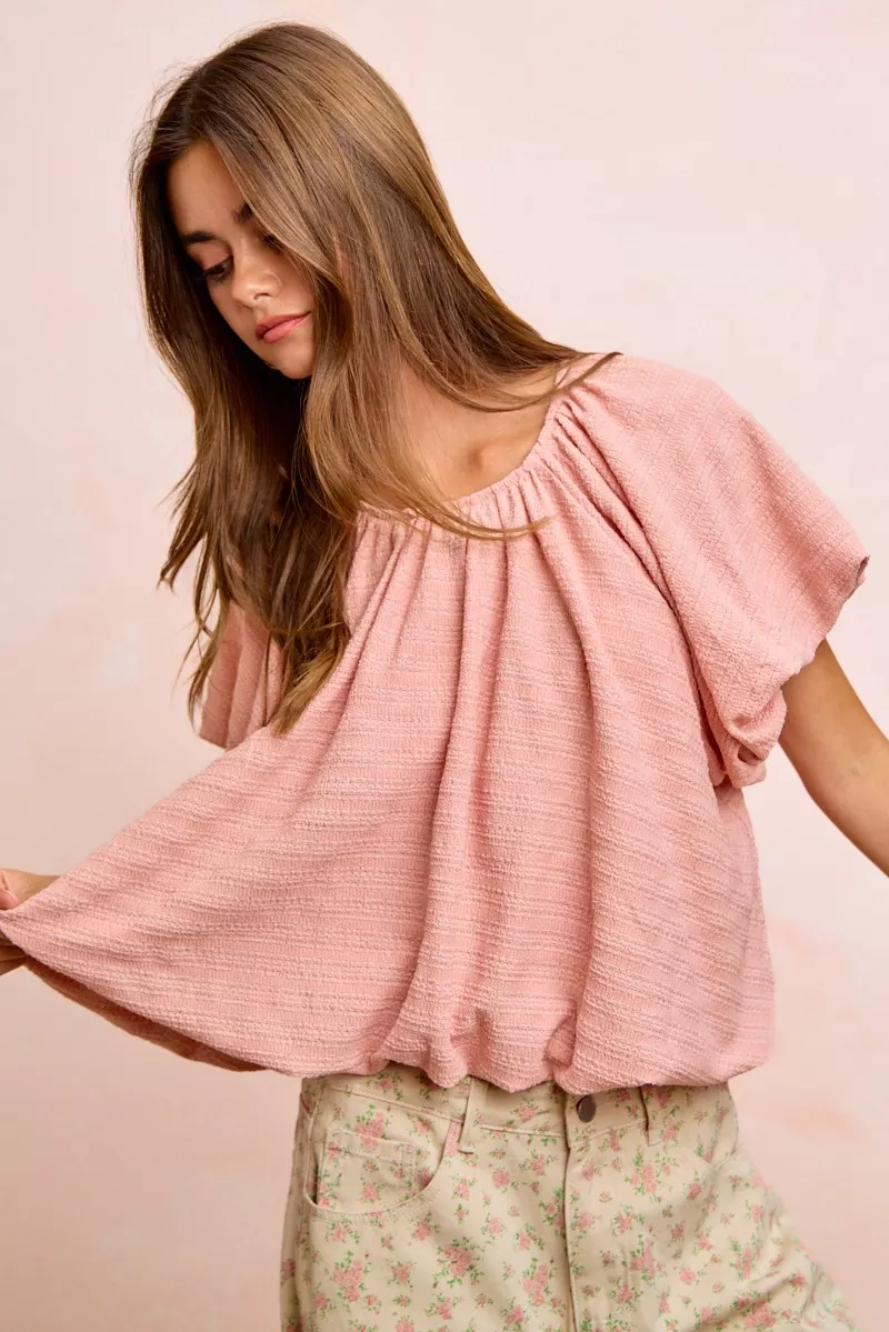 Stripes Textured Shirred Neckline Bubble Hem Top, image 10