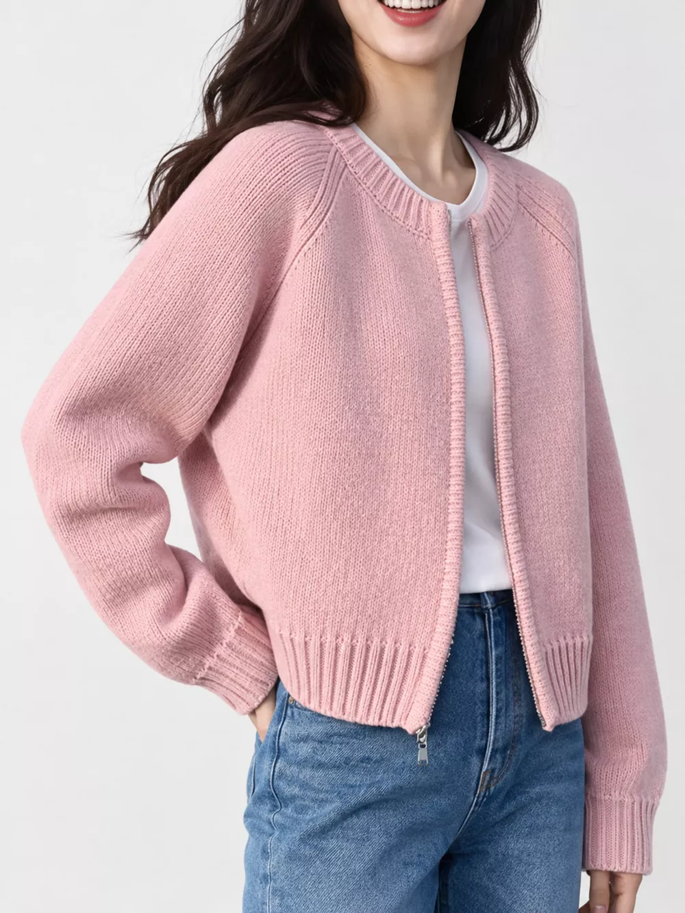 Ribbed Hem Zip-Up Cardigan