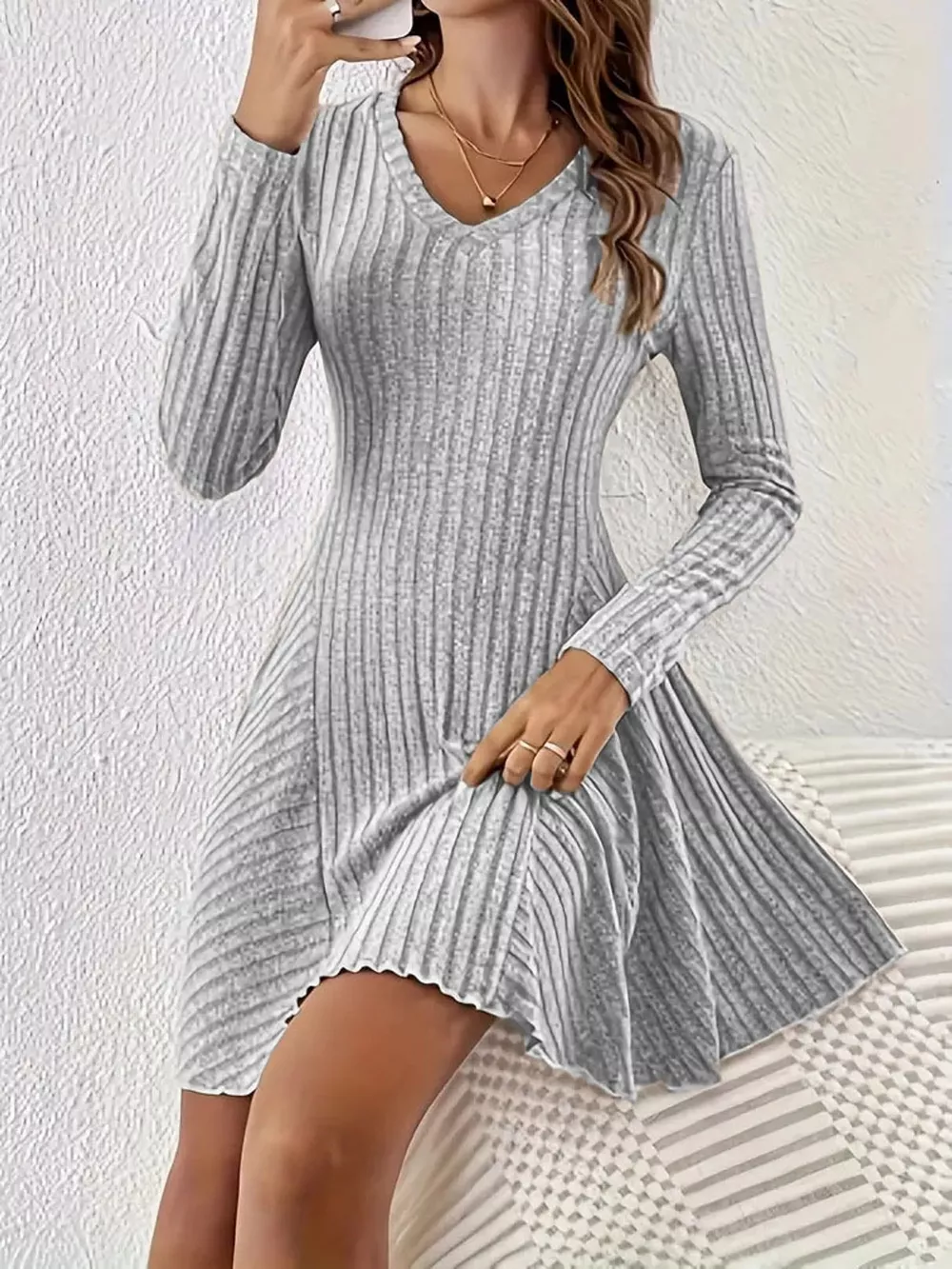 V-Neck Ribbed Knit A-Line Dress, image 28
