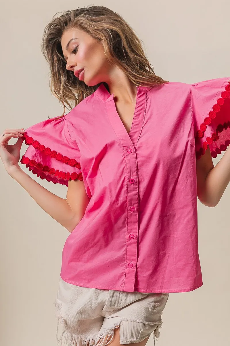Dot Trim Flutter Sleeve Notched Top, image 16