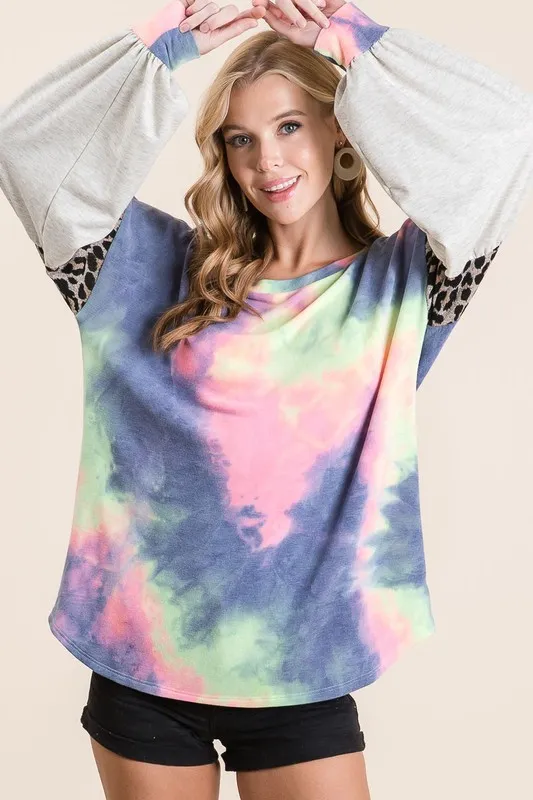 Tie Dye Terry Top with Contrast Puff Sleeves, image 4
