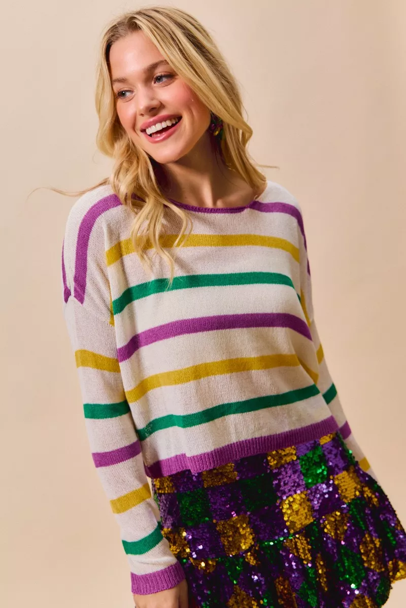 Mardi Gras Color Stripe Lightweight Sweater Top, image 16