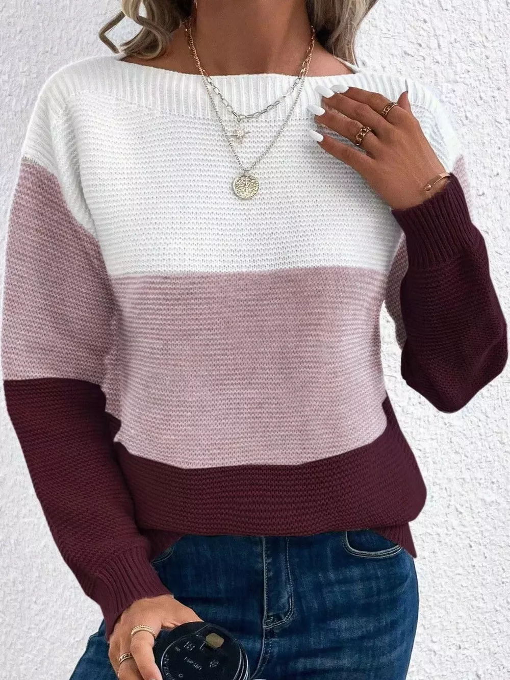 Full Size Color-Block Boat Neck Sweater Plus Size, image 43