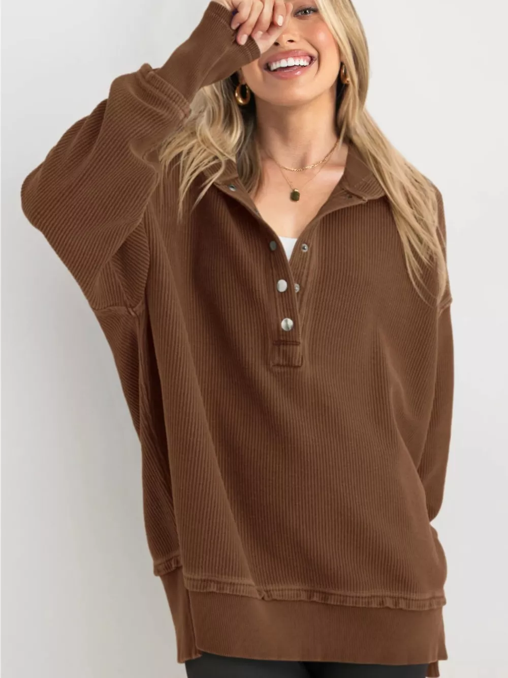 Full Size Snap Button Placket Dropped Shoulder Hoodie Plus Size, image 35