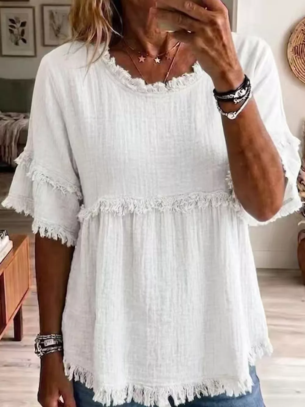 Full Size Frayed Edge Textured Blouse Plus Size, image 46