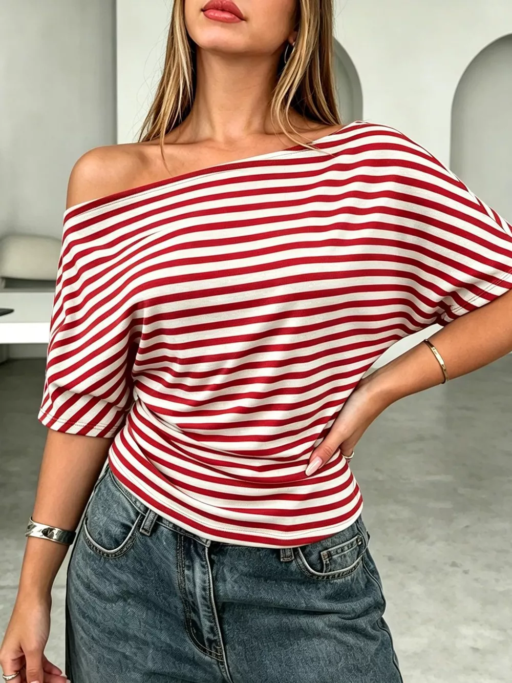 One Shoulder Striped Dolman Sleeve T-Shirt, image 4