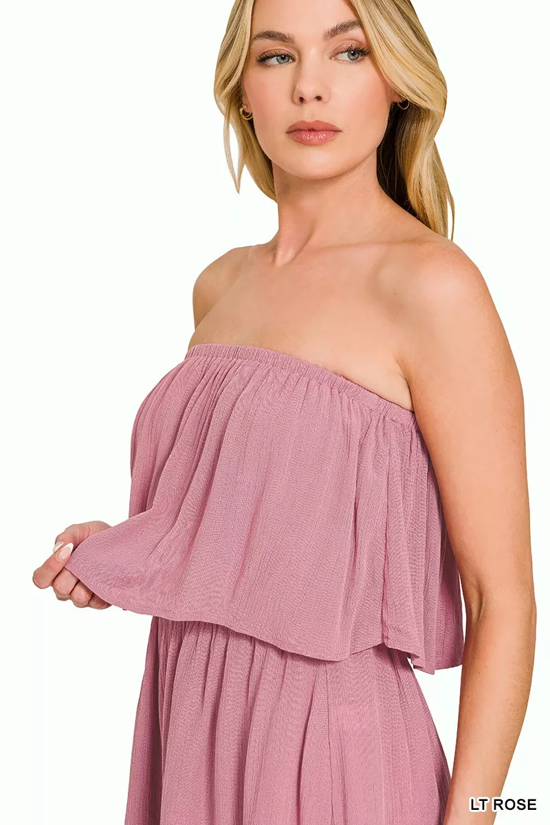 Woven Crinkle Strapless Rompers, image 6