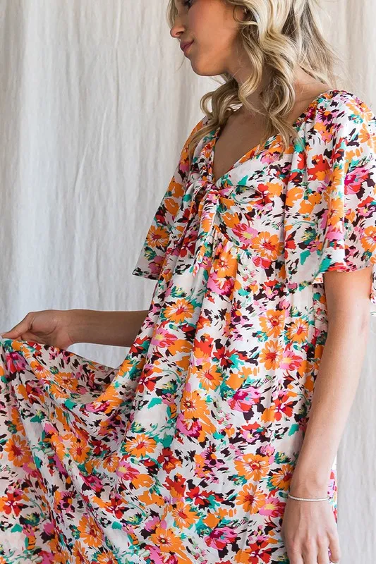 Floral Print Sweetheart Neck Tie Front Midi Dress, image 8