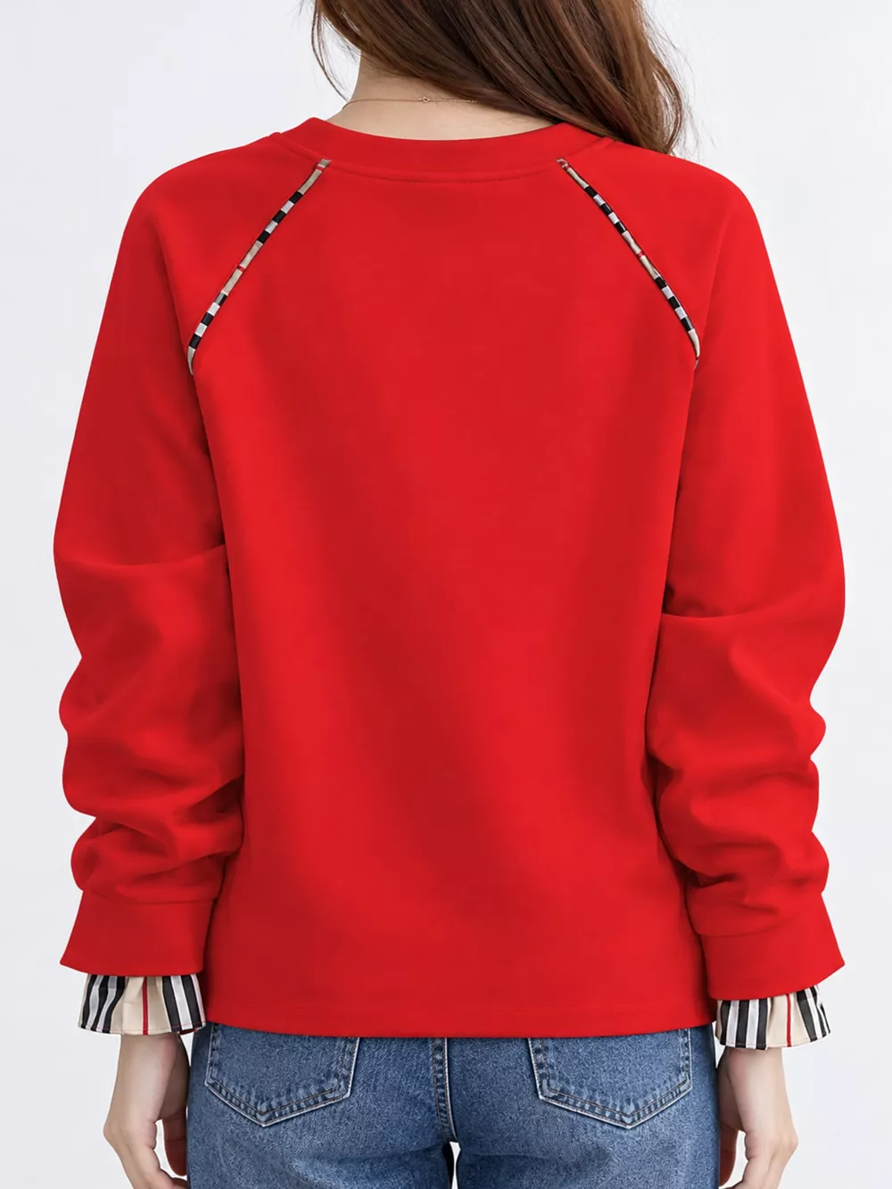 Plaid-Trimmed Crew Neck Sweatshirt, image 7