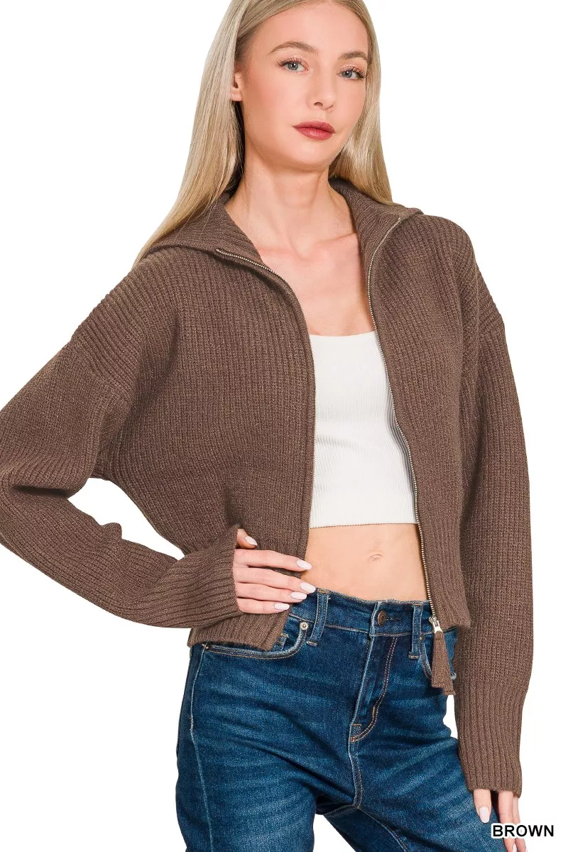 Ribbed Collared Zip Up Sweater Cardigan, image 3