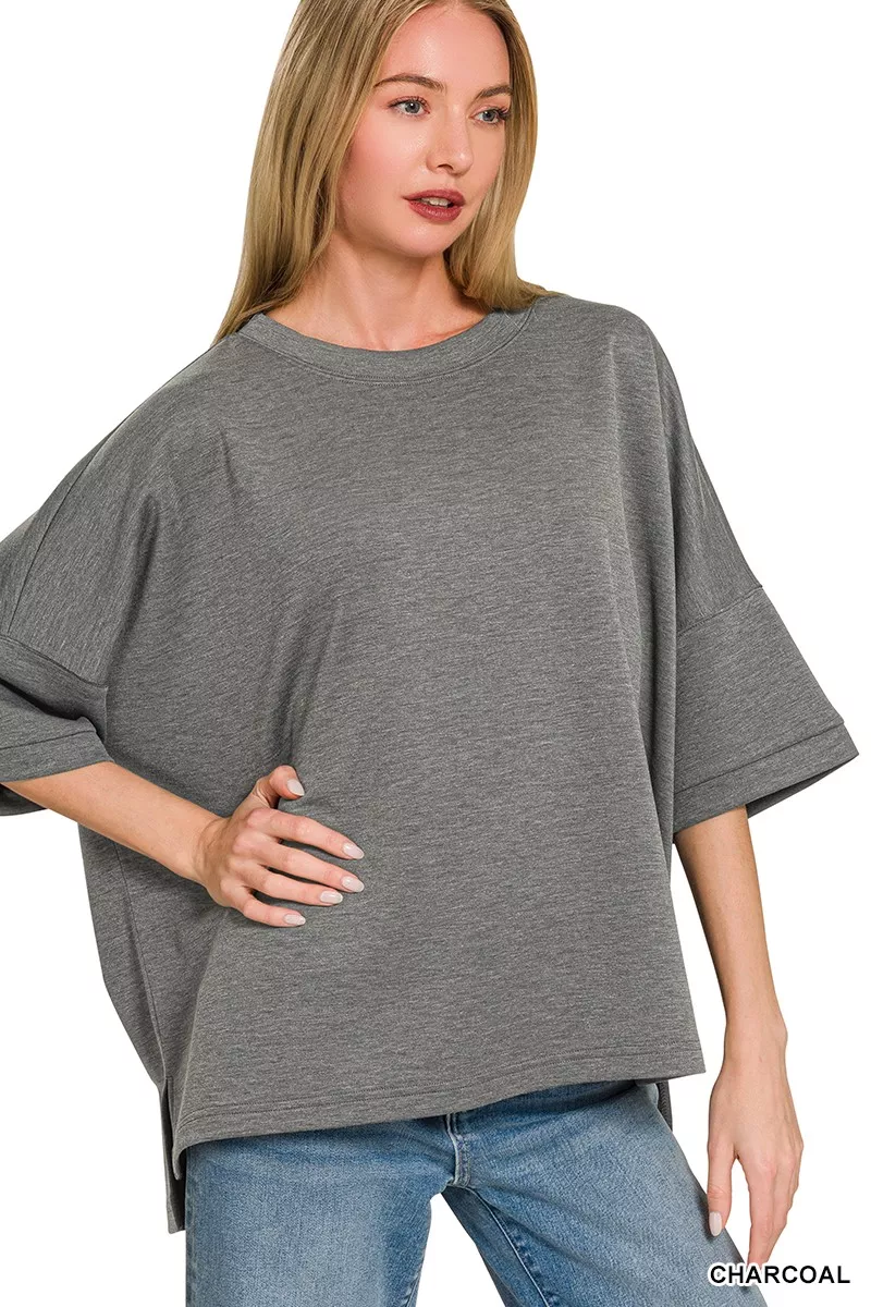 Full Size Scuba Round Neck Top With Side Slits Plus Size, image 4
