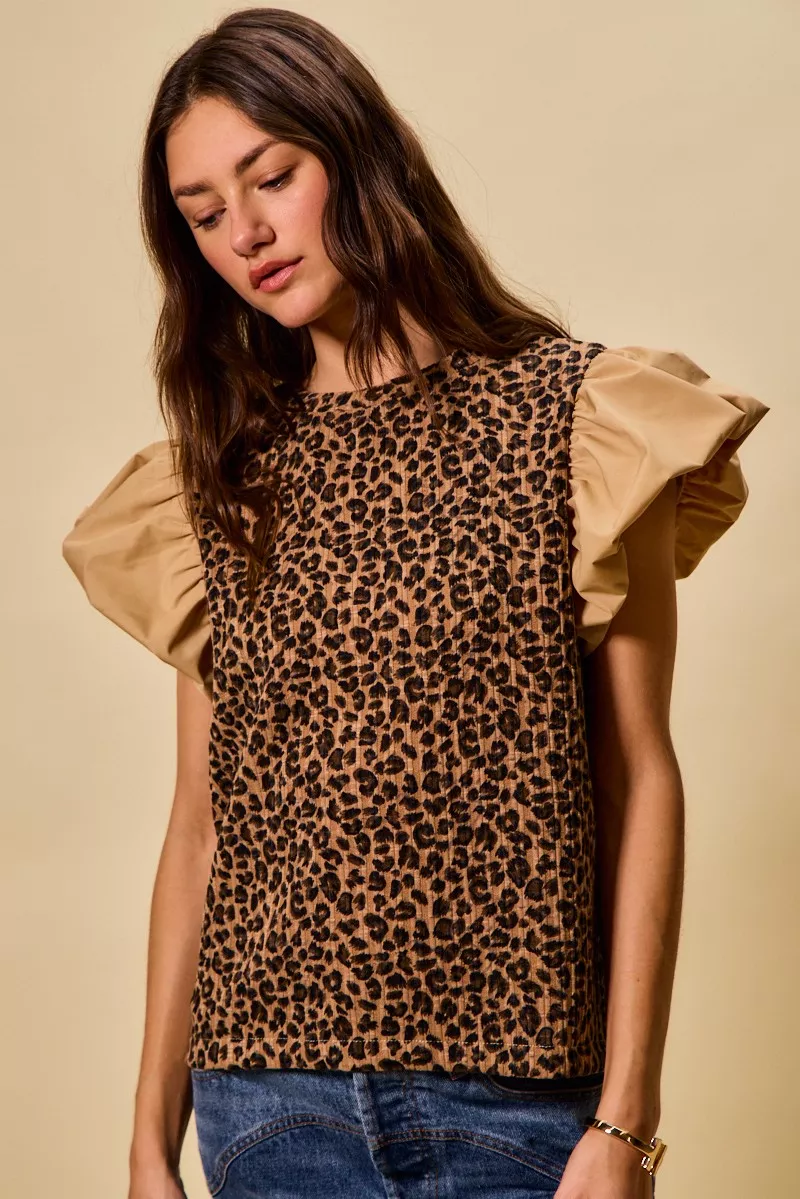 Leopard Pointelle Knit Top with Puff Sleeves, image 7