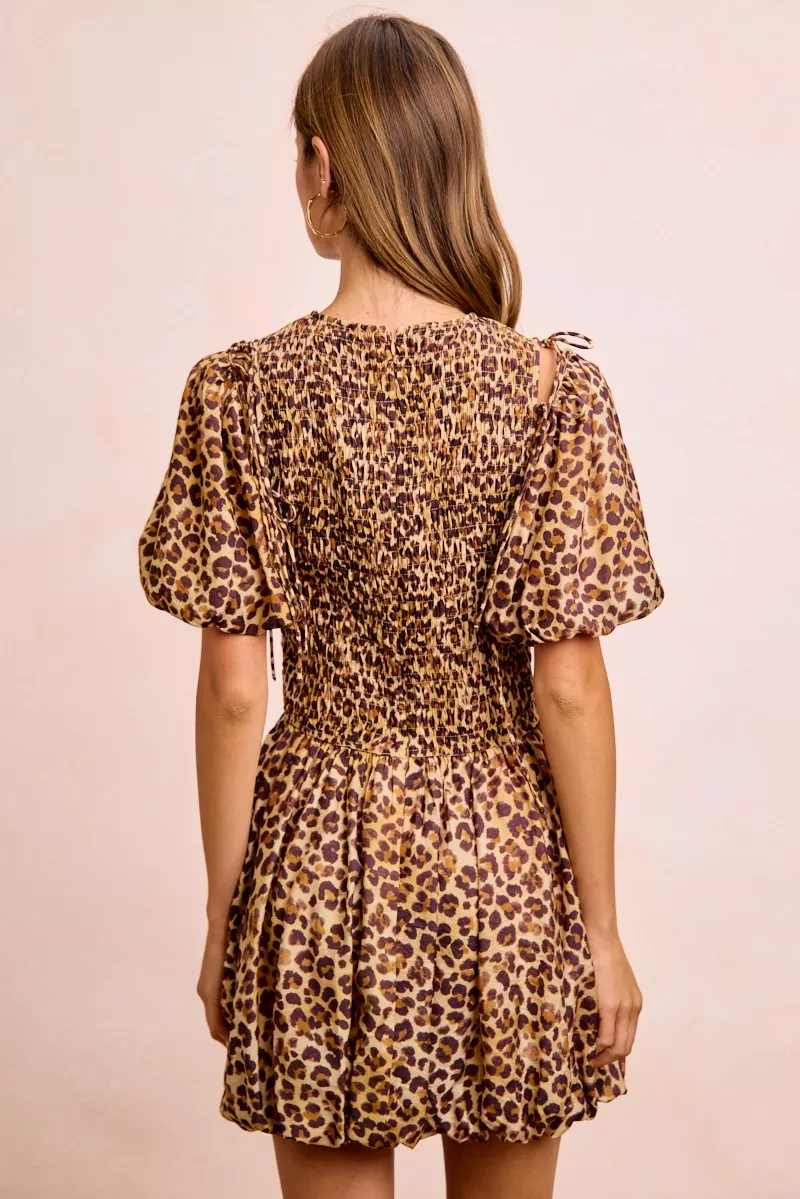 Leopard Bow Tie Attachable Puff Sleeves Dress, image 17