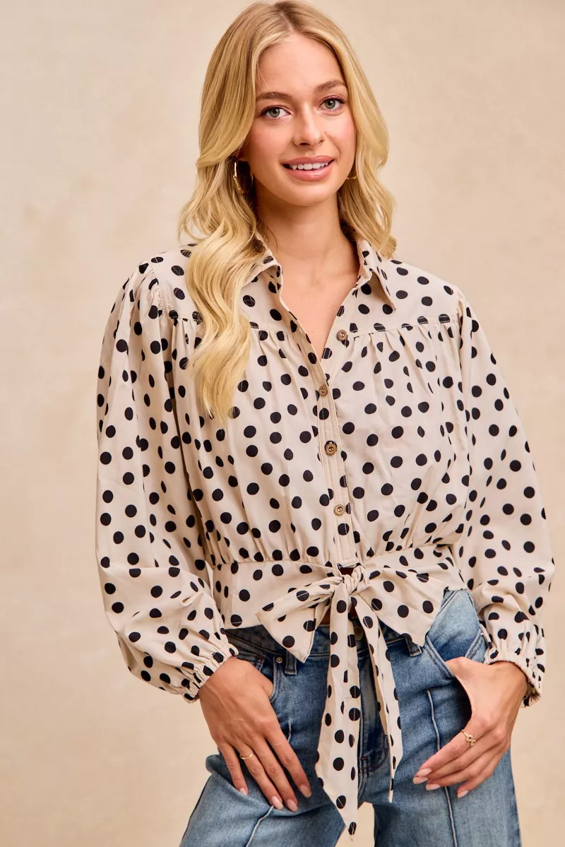 Polka Dot Print Tie Hem Detail Crop Shirt, image 8