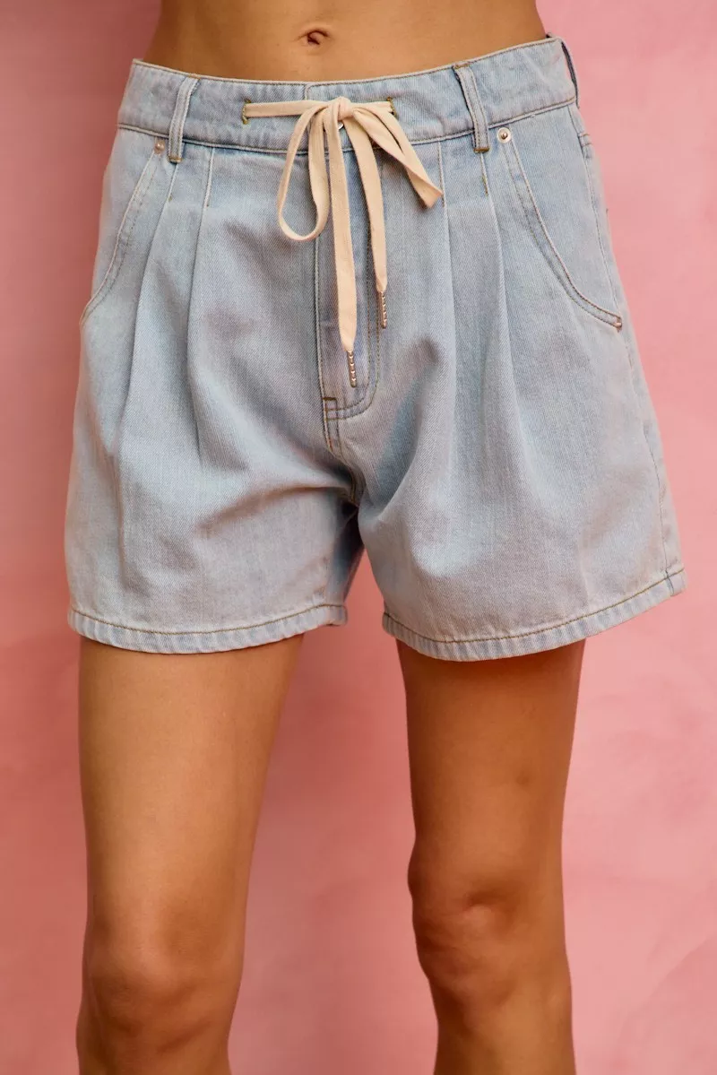 Mid Rise Denim Shorts With Cotton Tape Drawstring