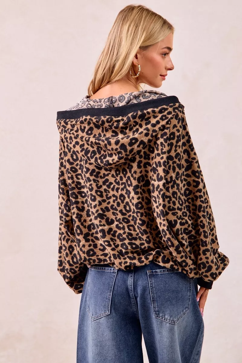 Leopard Print Waffle Half Zip Up Hoodie W Pocket, image 9