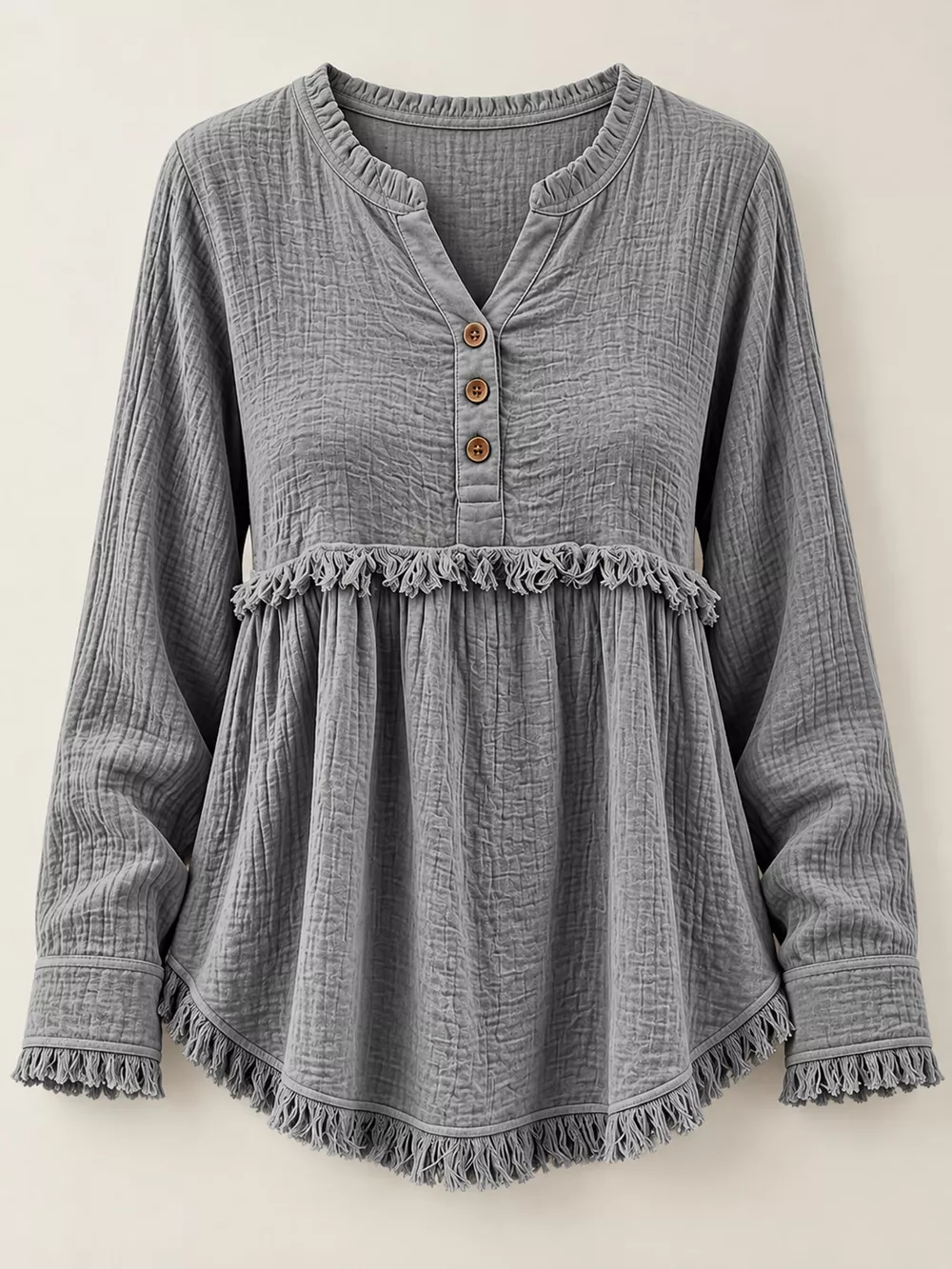 Full Size Frayed Hem Button Detail Blouse Plus Size, image 19