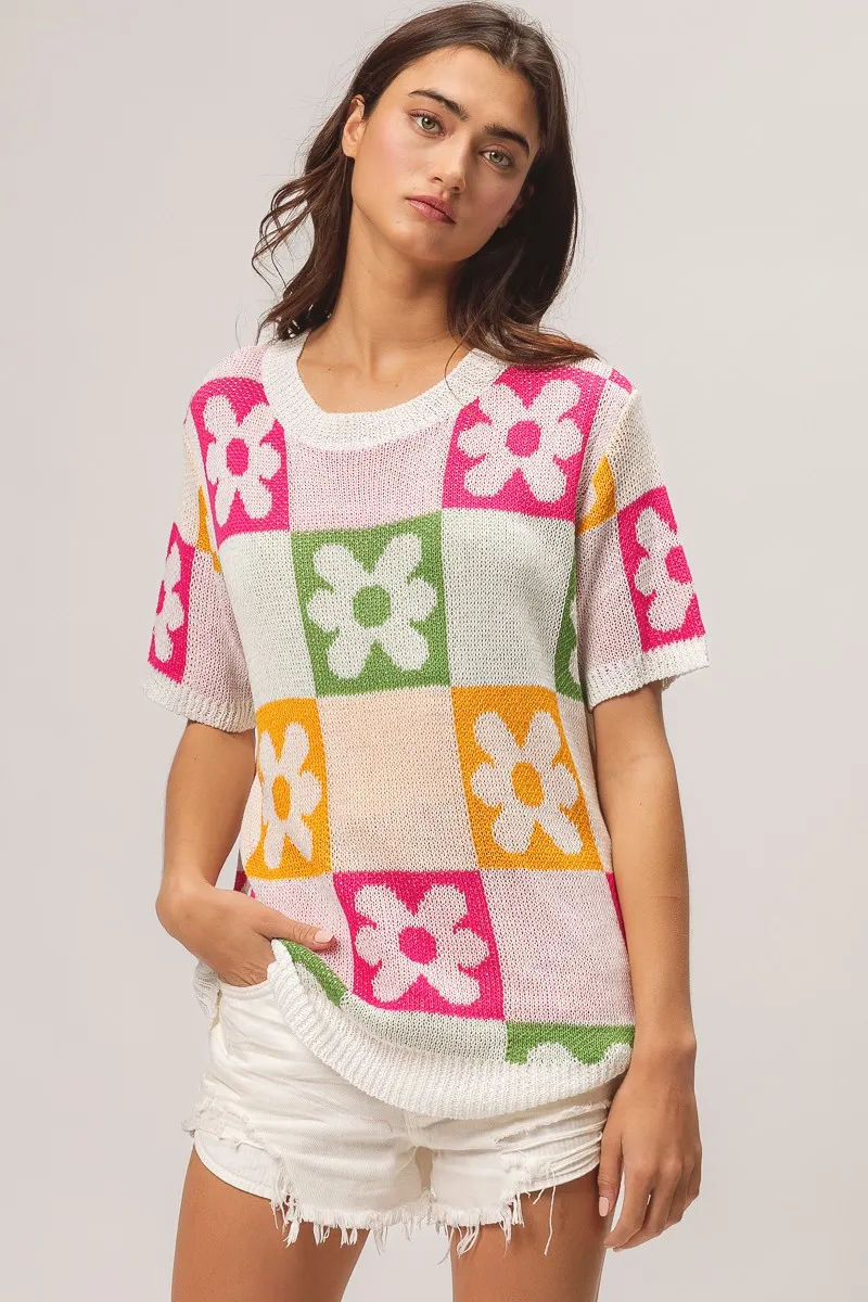 Flower Checker Pattern Lightweight Sweater Top, image 12
