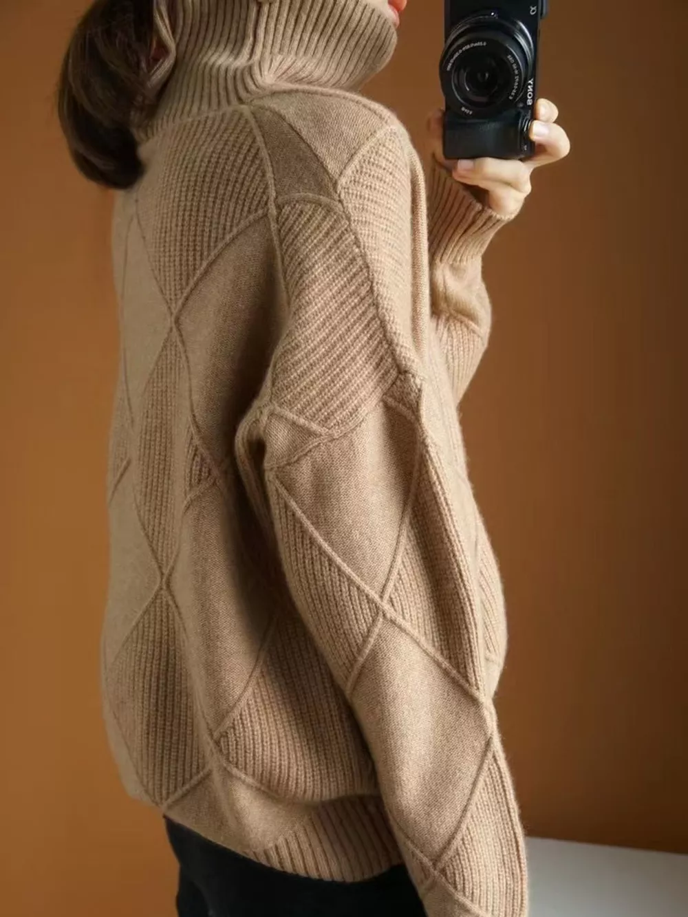 Full Size Diamond Pattern Turtleneck Sweater Plus Size, image 30