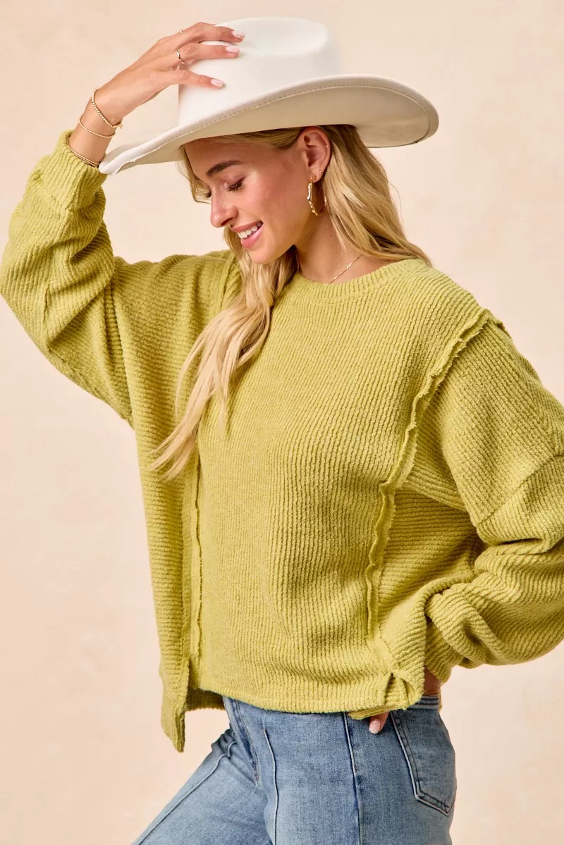 Boucle Rib Knit Uneven Hem Sweater With Open Seam, image 10