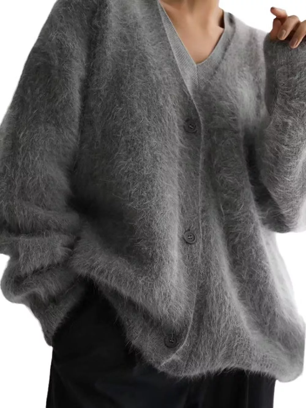 Fuzzy V-Neck Button-Down Cardigan, image 6